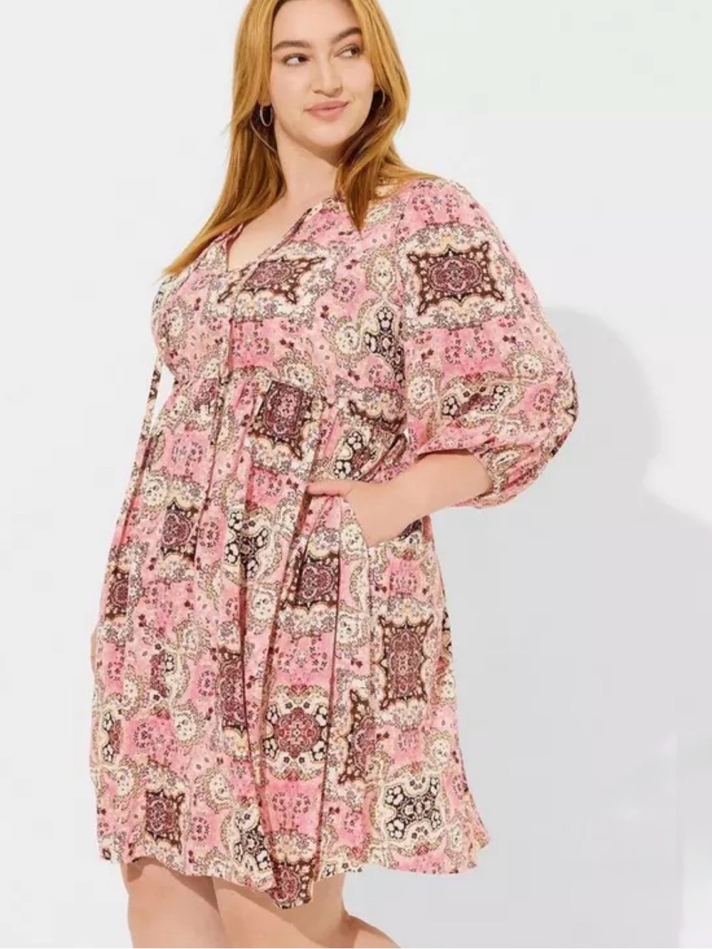 Torrid Mini Washable Gauze Tunic Dress Lined Medallion Pink Size 4 (4X)